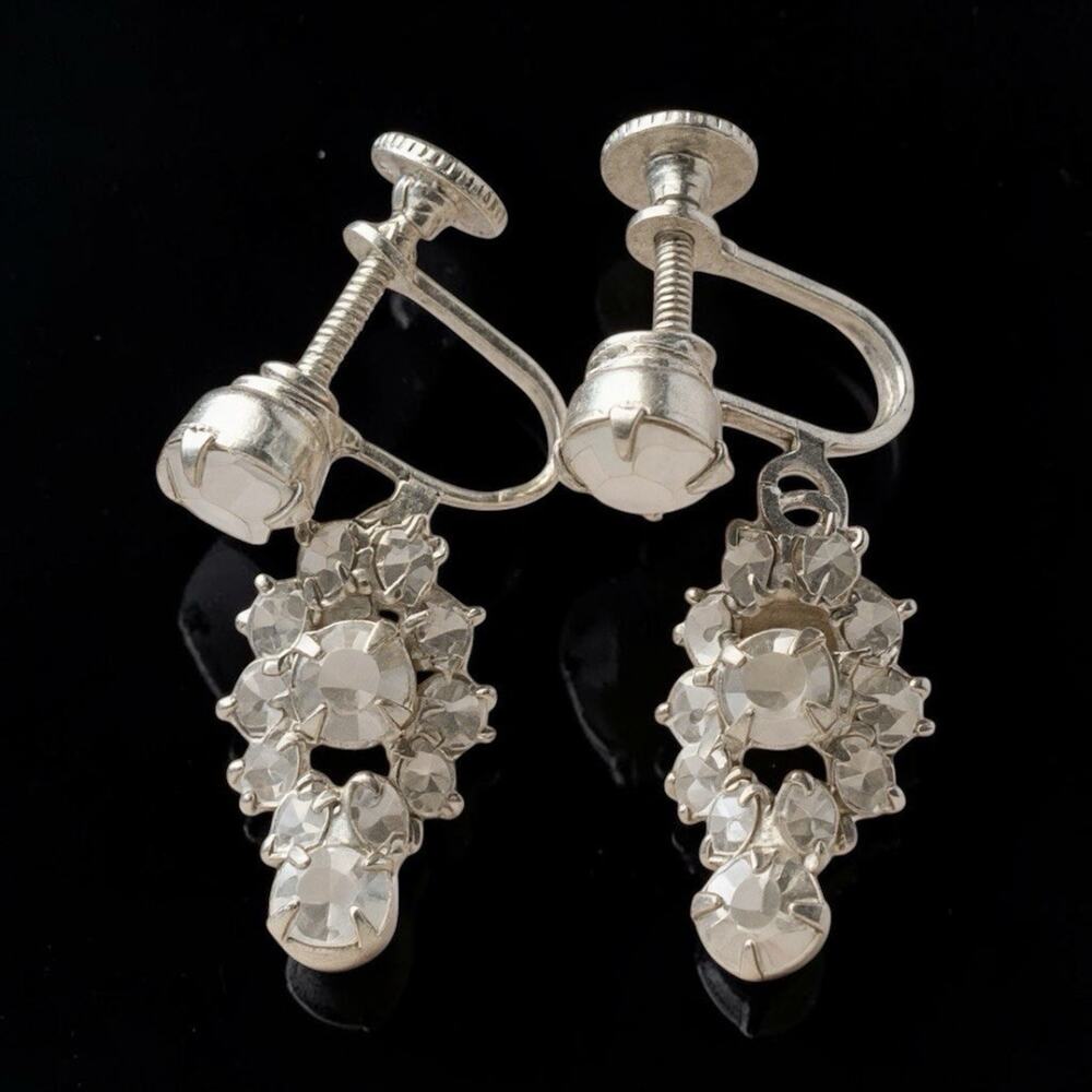 Vintage Clear Rhinestone Dangle Screw Back Earrings Silver Tone Mid Century Glam